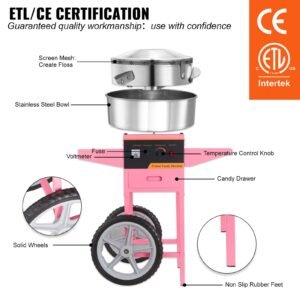 electric cotton candy machine with cart, 1000w commercial floss maker with stainless steel bowl, sugar scoop and drawer, perfect for home, kids birthday, family party, pink