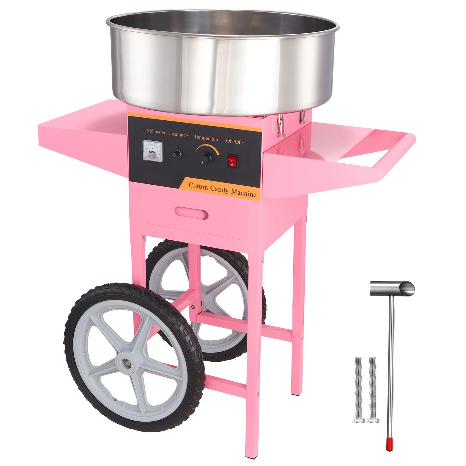 electric cotton candy machine with cart, 1000w commercial floss maker with stainless steel bowl, sugar scoop and drawer, perfect for home, kids birthday, family party, pink