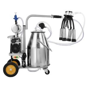 electric cow milking machine, 6.6 gal / 25 l 304 stainless steel bucket, automatic pulsation vacuum milker, portable milker with food grade silicone cups and tubes, adjustable pressure