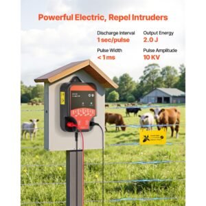 electric fence charger, 10kv 2j, ac dc electric fence energizer with led indicator, 1.86 miles range, powerful plug in fences charger, prevents wild animals intrusion for livestock poultry
