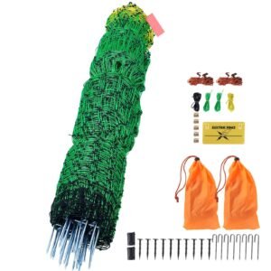 electric fence netting, 35" h x 164' l, pe net fencing with posts & double spiked stakes, utility portable mesh for goats, sheep, lambs, deer, hogs, dogs, used in backyards, farms, and ranches