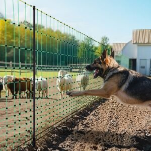 electric fence netting, 50" h x 164' l, livestock net fencing with posts & stakes, portable mesh nets for goats, sheep, deer, hogs, dogs, electric fencing for backyards, gardens, farms, ranches
