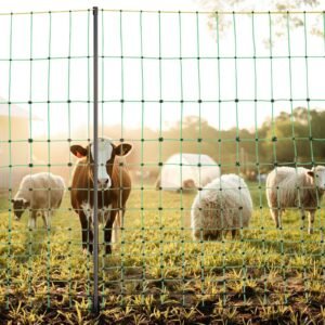 electric fence netting, 50" h x 164' l, livestock net fencing with posts & stakes, portable mesh nets for goats, sheep, deer, hogs, dogs, electric fencing for backyards, gardens, farms, ranches