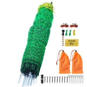 electric fence netting, 50" h x 164' l, livestock net fencing with posts & stakes, portable mesh nets for goats, sheep, deer, hogs, dogs, electric fencing for backyards, gardens, farms, ranches