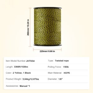 electric fence wire, 3366ft 1026m portable polywire, 1/8" diameter 6 stainless steel strands for reliable conductivity and uv, rust resistance, fencing rope line for horse, cattle, livestock
