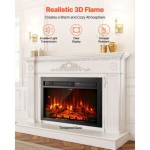 electric fireplace insert, 26 inch recessed and wall mounted with adjustable flame color brightness & 8h timer & remote control, indoor heater w/ 750w/1500w dual heating modes, 5000btu black