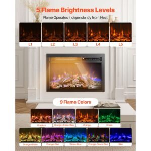electric fireplace insert, 26 inch recessed and wall mounted with adjustable flame color brightness & 8h timer & remote control, indoor heater w/ 750w/1500w dual heating modes, 5000btu black