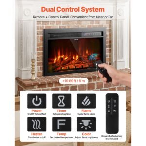 electric fireplace insert, 26 inch recessed and wall mounted with adjustable flame color brightness & 8h timer & remote control, indoor heater w/ 750w/1500w dual heating modes, 5000btu black