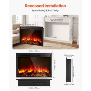 electric fireplace insert, 40 inch recessed and wall mounted with adjustable flame color brightness & 8h timer & remote control, indoor heater w/ 750w/1500w dual heating modes, 5000btu black