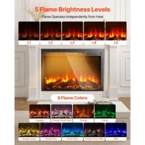 electric fireplace insert, 40 inch recessed and wall mounted with adjustable flame color brightness & 8h timer & remote control, indoor heater w/ 750w/1500w dual heating modes, 5000btu black
