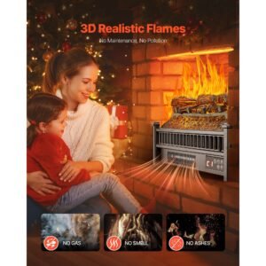 electric fireplace log, 20 inch fireplace insert log heater, with remote controller, 5 adjustable flame brightness, 24h timer, overheat protection, thermostat, for home and office decor black