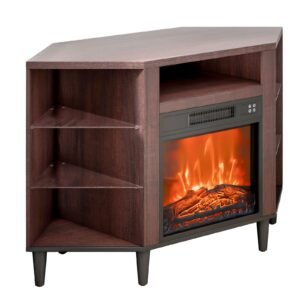 Electric Fireplace TV Stand, Corner TV Stand for TVs up to 50", Corner Console with 18" Fireplace, Vintage Design, 20 LED Lights, Remote Control & Timer for Living Room, Brown