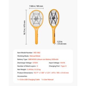 electric fly swatter, zapper racket with 3 layers mesh, powerful fly killer indoor & outdoor with 500mah battery rechargeable for home, bedroom, kitchen and patio, yellow & black