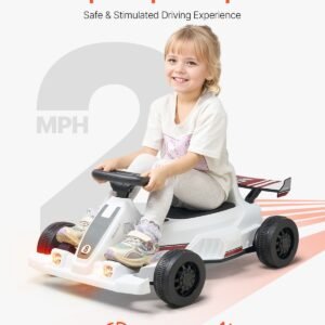 electric go kart, 6v 4.5ah battery, pedal go kart portable outdoor race toy for kids ages 2+, 20000 rpm motor, 2 mph constant speed, led headlight & horn, non slip tires, 44 lbs max load, white