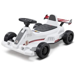 electric go kart, 6v 4.5ah battery, pedal go kart portable outdoor race toy for kids ages 2+, 20000 rpm motor, 2 mph constant speed, led headlight & horn, non slip tires, 44 lbs max load, white