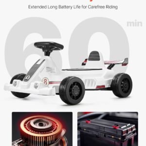 electric go kart, 6v 4.5ah battery, pedal go kart portable outdoor race toy for kids ages 2+, 20000 rpm motor, 2 mph constant speed, led headlight & horn, non slip tires, 44 lbs max load, white