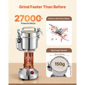 electric grain mill grinder, 0.3 lbs commercial spice grinders, high speed 850w stainless steel pulverizer powder machine, for dry grains, spices, cereals, coffee, corn & pepper, straight type
