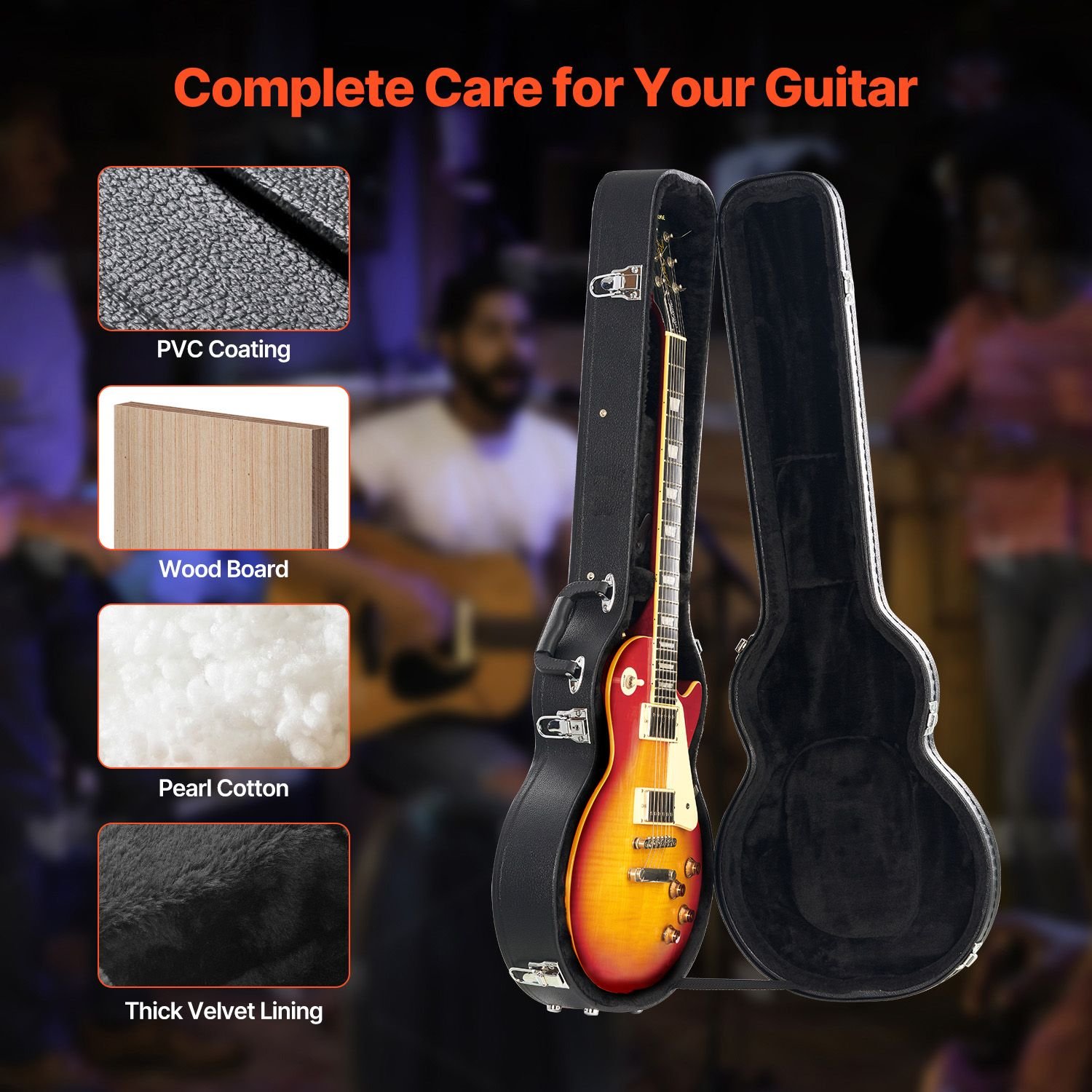 electric guitar hard case, 41.34 in gourd shaped guitar hard case, with lock latch keys handle, pvc padding soft lining water resistant hard shell guitar case, for 39 in les paul guitars, black