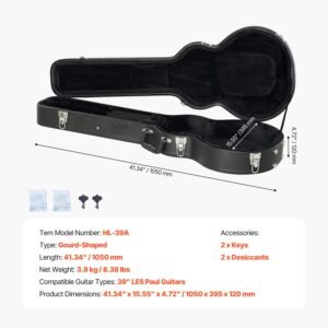 electric guitar hard case, 41.34 in gourd shaped guitar hard case, with lock latch keys handle, pvc padding soft lining water resistant hard shell guitar case, for 39 in les paul guitars, black