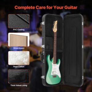 electric guitar hard case, 43.11 in rectangular guitar hard case, with lock latch keys handle, pvc padding soft lining water resistant hard shell guitar cases, for 39 in electric guitars, black