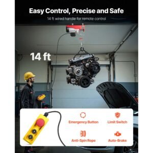 electric hoist, 1320 lbs lifting capacity, 1150w 110v electric steel wire winch with 14ft wired remote control, 40ft single cable lifting height & pure copper motor, for garage warehouse factory