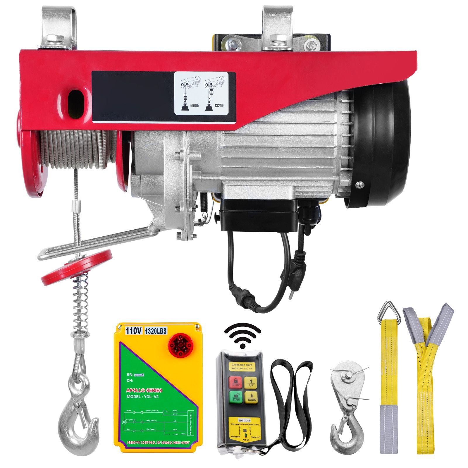 electric hoist, 1320 lbs lifting capacity, 1150w 110v electric steel wire winch with wireless remote control, 40ft single cable lifting height & pure copper motor, for garage warehouse factory