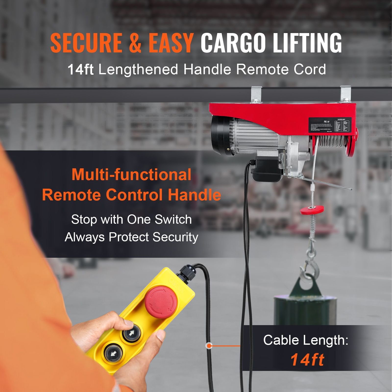 electric hoist, 440lbs garage hoist with 14ft wired control, 110 volt electric hoist winch 40ft single cable lifting height, pure copper motor and emergency stop switch