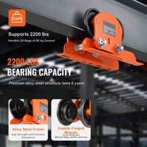 electric hoist manual trolley, 2200 lbs/1 ton capacity for pa200 pa250 pa300 pa400 pa500, push beam trolley with dual wheels, 2.68" 4.33" adjustable beam flange width for straight curved i beam