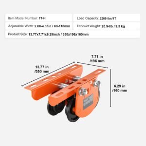 electric hoist manual trolley, 2200 lbs/1 ton capacity for pa200 pa250 pa300 pa400 pa500, push beam trolley with dual wheels, 2.68" 4.33" adjustable beam flange width for straight curved i beam