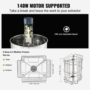 electric honey extractor, 2/4 frames honey spinner extractor, stainless steel beekeeping extraction, apiary centrifuge equipment with height adjustable stand, honeycomb drum spinner with lid
