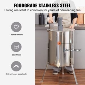electric honey extractor, 4/8 frames honey spinner extractor, stainless steel beekeeping extraction, apiary centrifuge equipment with height adjustable stand, honeycomb drum spinner with lid