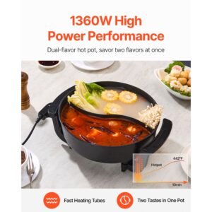 electric hot pot, 1360w 5 l double flavor shabu shabu pot, non stick electric cooker with divider, clear glass lid, temperature control, chinese hotpot for 6 10 people family dinning & party