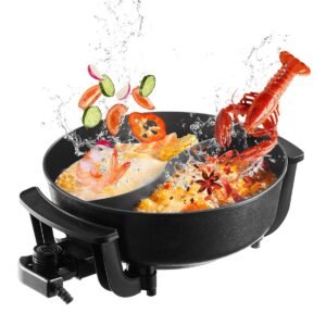 electric hot pot, 1360w 5 l double flavor shabu shabu pot, non stick electric cooker with divider, clear glass lid, temperature control, chinese hotpot for 6 10 people family dinning & party