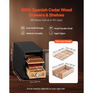electric humidor, 16l, 100 counts electric cigar humidor cabinet with cooling temperature control, spanish cedar wood shelves & drawers, mechanical hygrometer, 2 layers, cooler for household