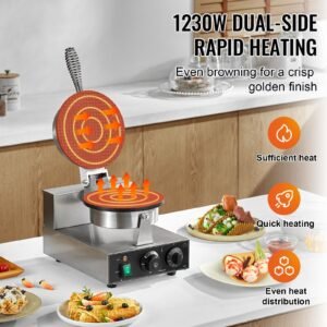 electric ice cream cone maker, commercial 1230w waffle cone machine, non stick stainless steel egg roll mold, with temperature and time control, handle, for restaurant bakery snack bar family