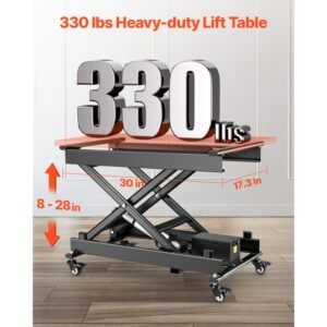 electric lift table, 330 lbs capacity single scissor lift table, 8 28 in height adjustable lifting platform, coffee table lift with 4 wheels, for material handling and transportation, black