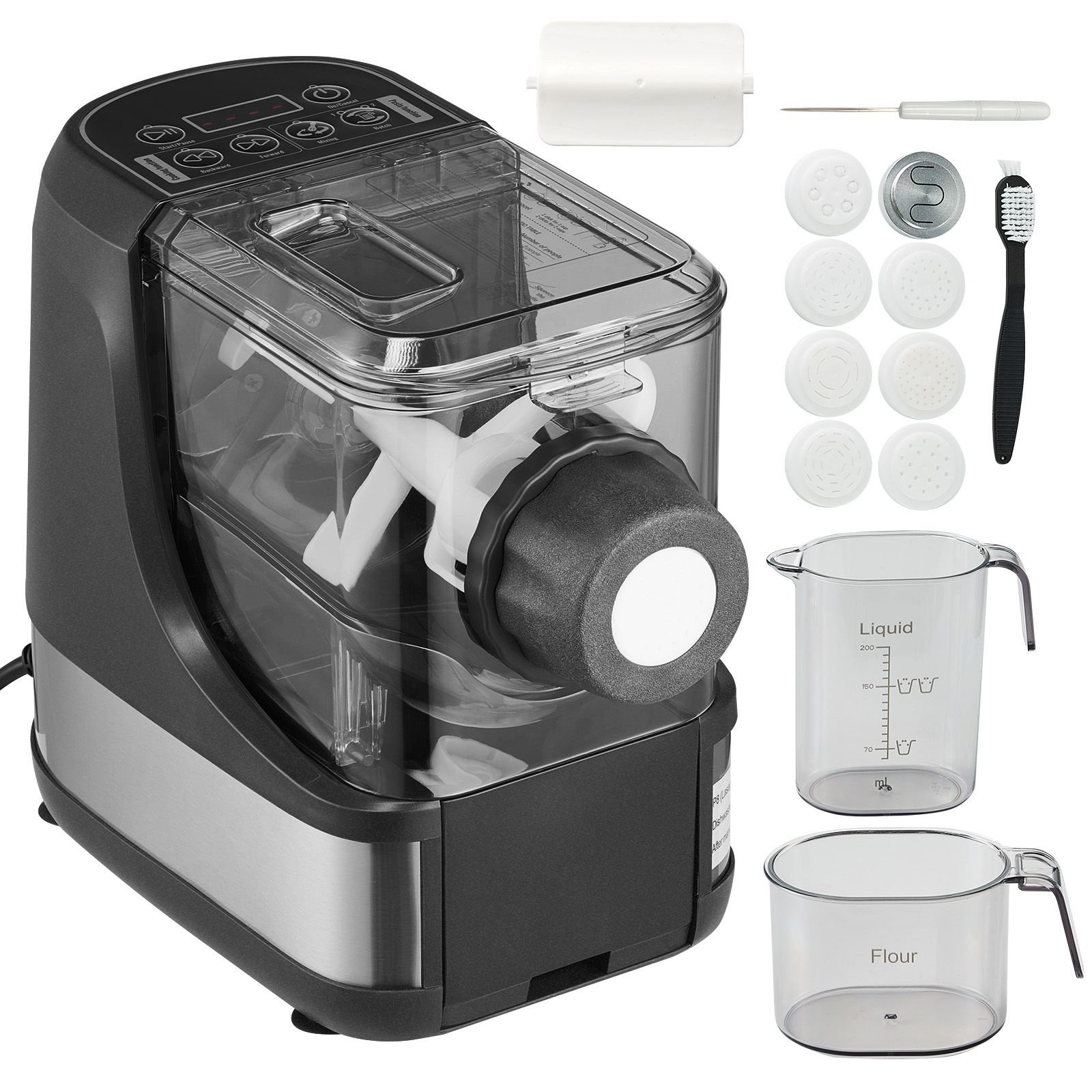 electric pasta maker, 150w automatic noodle maker machine with 8 pasta shapes, 4 intelligent modes, 500g flour capacity pasta maker machine with measuring cups, cleaning brush for home kitchen