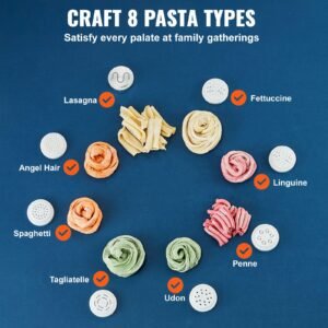 electric pasta maker, 150w automatic noodle maker machine with 8 pasta shapes, 4 intelligent modes, 500g flour capacity pasta maker machine with measuring cups, cleaning brush for home kitchen