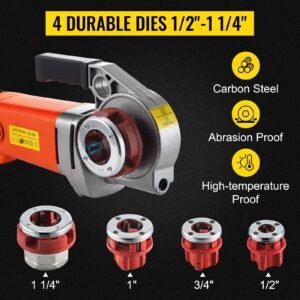 electric pipe threader, 2300w pipe threading machine with 4 dies 1/2" 1 1/4", 110v hand held pipe threader machine with copper motor, portable electric pipe threading kit with carrying case