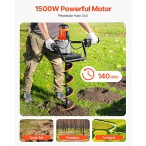 electric post hole digger, 5.71 in auger bit with 1500w powerful motor, 140 rpm alloy steel earth auger drill bit with 10.24 in extension rod, for post hole digging, drilling & tree planting