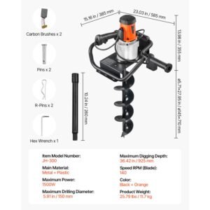 electric post hole digger, 5.71 in auger bit with 1500w powerful motor, 140 rpm alloy steel earth auger drill bit with 10.24 in extension rod, for post hole digging, drilling & tree planting