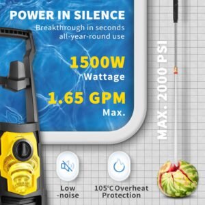 electric power washer, 2000 psi, max 1.65 gpm pressure washer with 30 ft hose & reel, 5 quick connect nozzles, foam cannon, portable to clean patios, cars, fences, driveways, etl listed