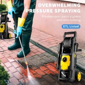 electric pressure washer, 2000 psi, max 1.65 gpm power washer with 30 ft hose & reel, 5 quick connect nozzles, foam cannon, portable to clean patios, cars, fences, driveways, etl listed