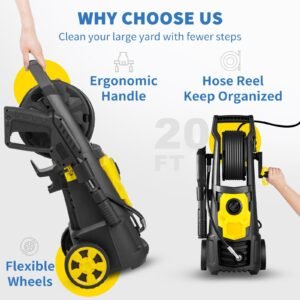 electric pressure washer, 2000 psi, max 1.65 gpm power washer with 30 ft hose & reel, 5 quick connect nozzles, foam cannon, portable to clean patios, cars, fences, driveways, etl listed