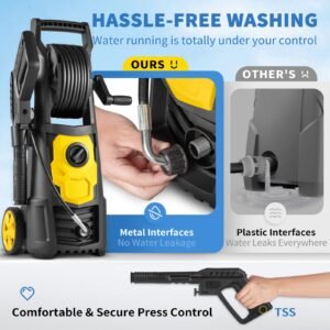 electric pressure washer, 2000 psi, max 1.65 gpm power washer with 30 ft hose & reel, 5 quick connect nozzles, foam cannon, portable to clean patios, cars, fences, driveways, etl listed