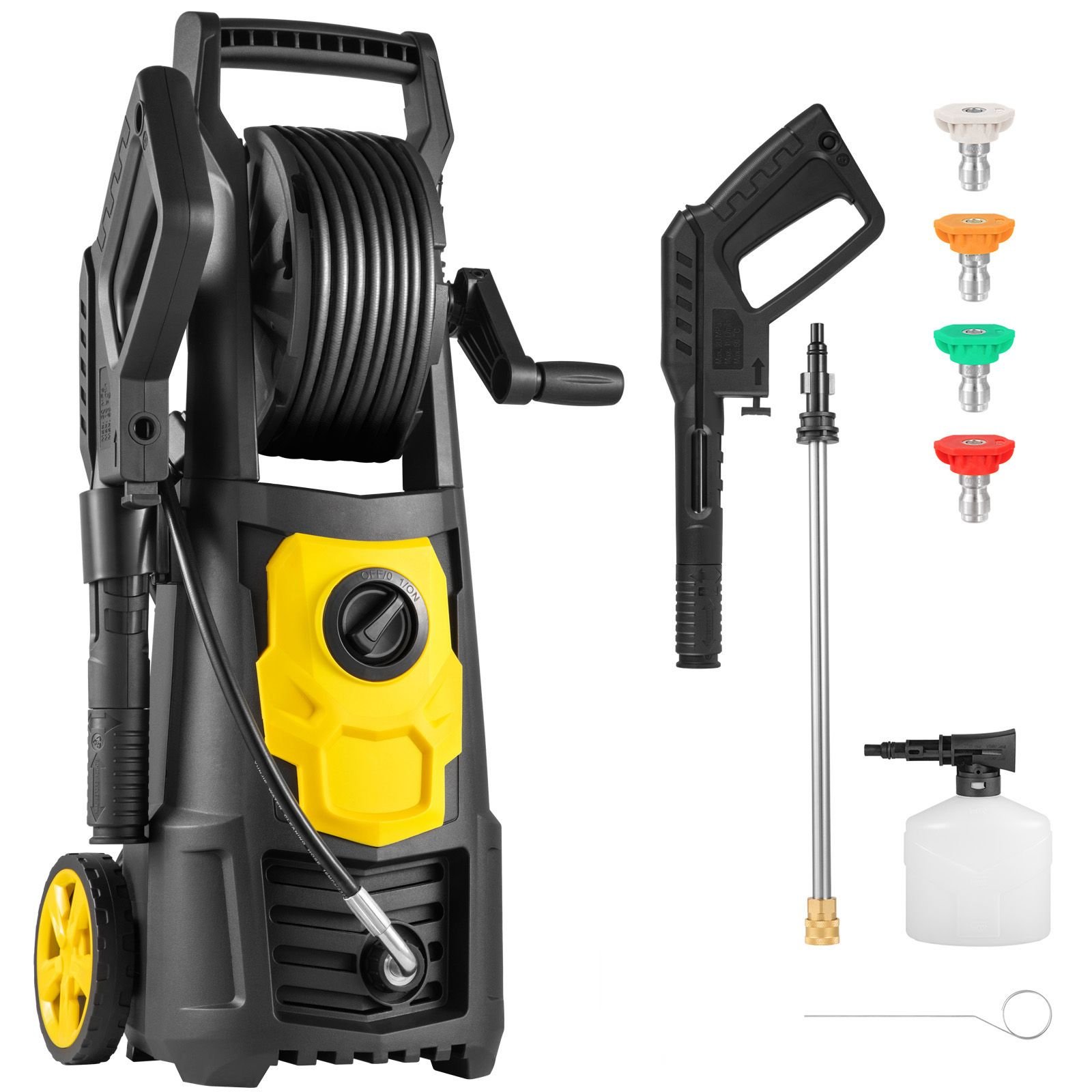 electric pressure washer, 2000 psi, max 1.65 gpm power washer with 30 ft hose & reel, 5 quick connect nozzles, foam cannon, portable to clean patios, cars, fences, driveways, etl listed