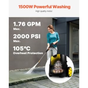 electric pressure washer, 2000 psi, max. 1.76 gpm power washer w/ 30 ft hose, 5 quick connect nozzles, foam cannon, portable to clean patios, cars, fences, driveways, etl listed
