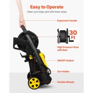 electric pressure washer, 2000 psi, max. 1.76 gpm power washer w/ 30 ft hose, 5 quick connect nozzles, foam cannon, portable to clean patios, cars, fences, driveways, etl listed
