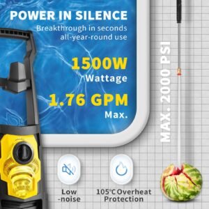 electric pressure washer, 2000 psi, max. 1.76 gpm power washer with 30 ft hose, 5 quick connect nozzles, foam cannon, portable to clean patios, cars, fences, driveways, etl listed