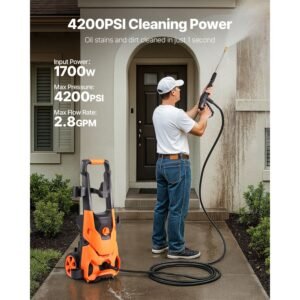 electric pressure washer, max 4200 psi and 2.8 gpm, high power pressure cleaning machine with 4 quick connect nozzles and a foam cannon, ideal for cars/fences/driveways/patios/home cleaning